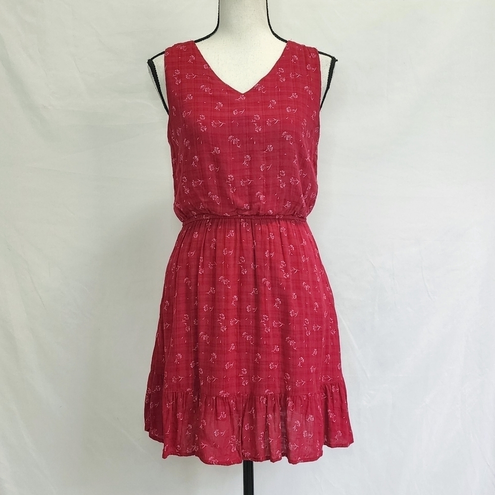 Copper Key Red Dandelion V-Neck Sleeveless Ruffle Hem Dress